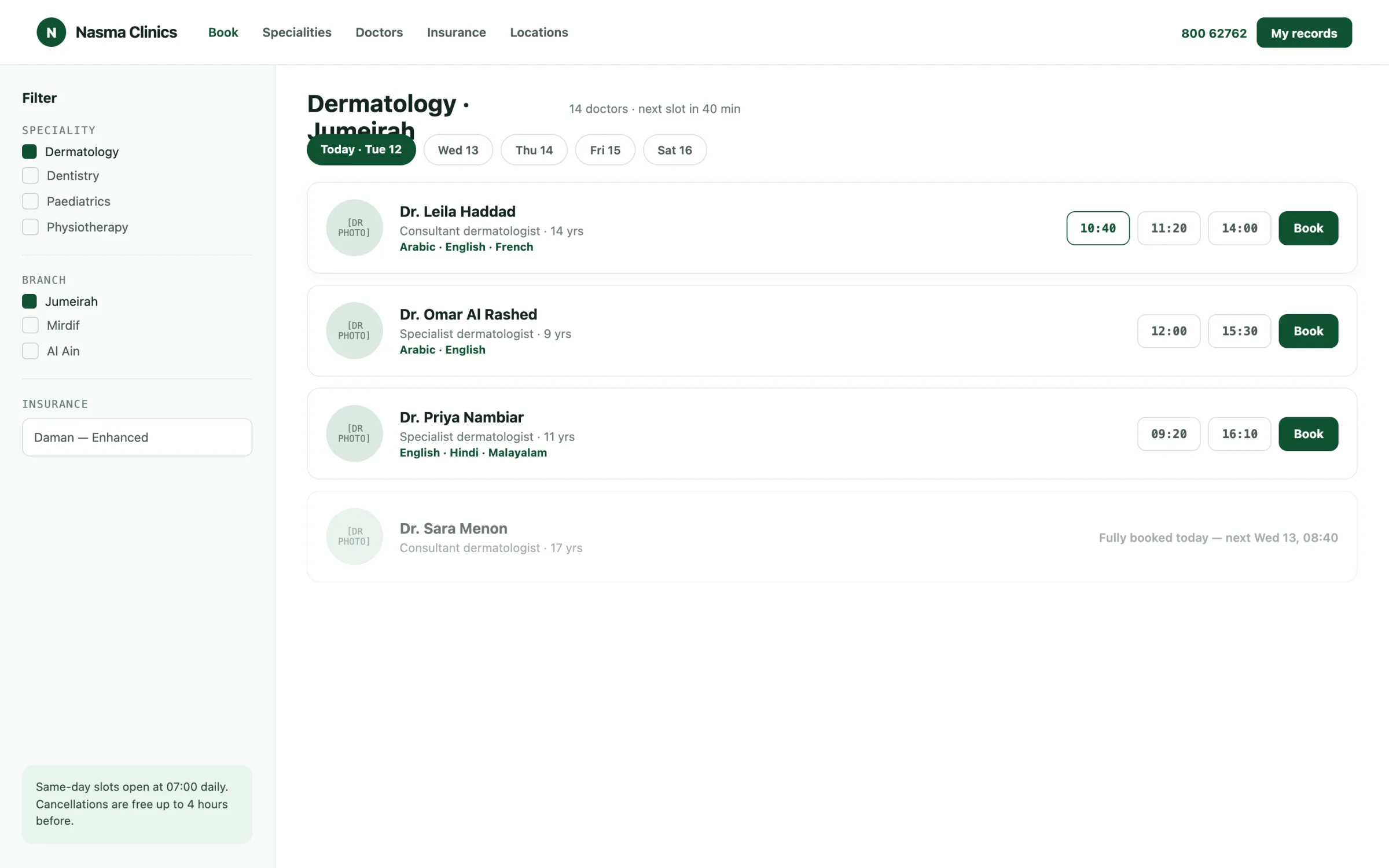 Nasma Clinics booking — desktop