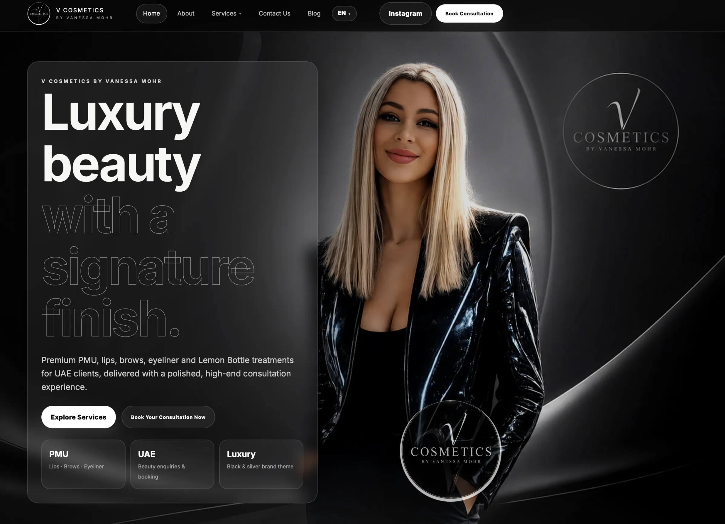 V Cosmetics website — desktop